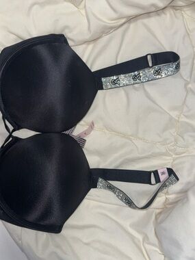 Victoria's Secret Black Satin Push-Up Bra with Rhinestone-Embellished Straps